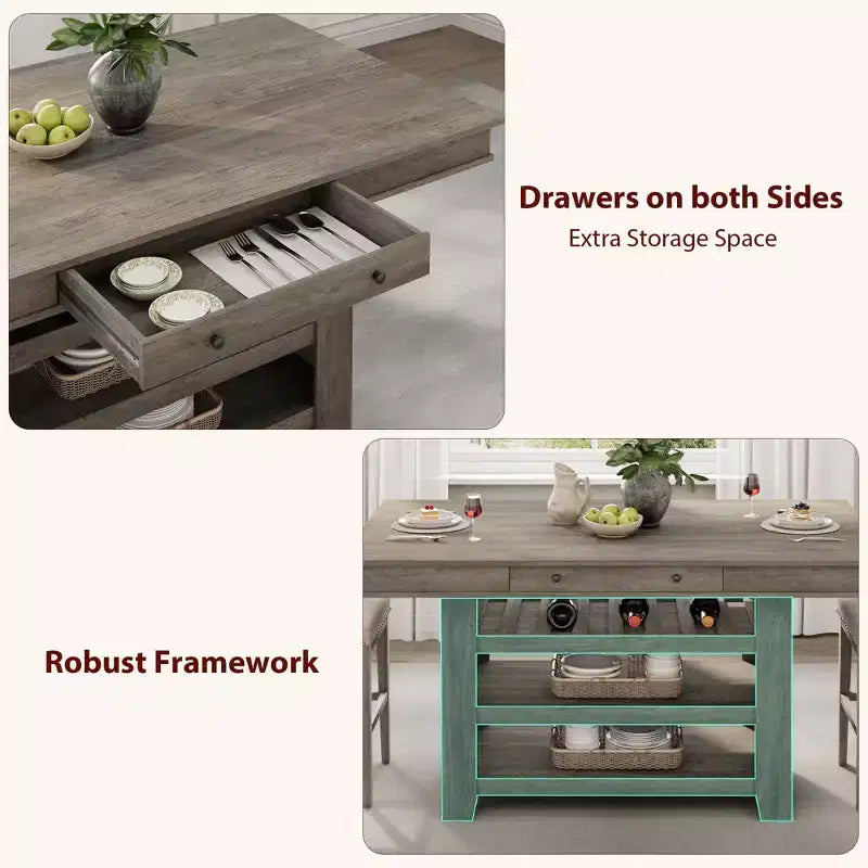 Îlot de cuisine de 60 pouces avec rangement, table îlot fixe de style ferme à 4 niveaux avec grand plan de travail pour la cuisine, la salle à manger, le salon