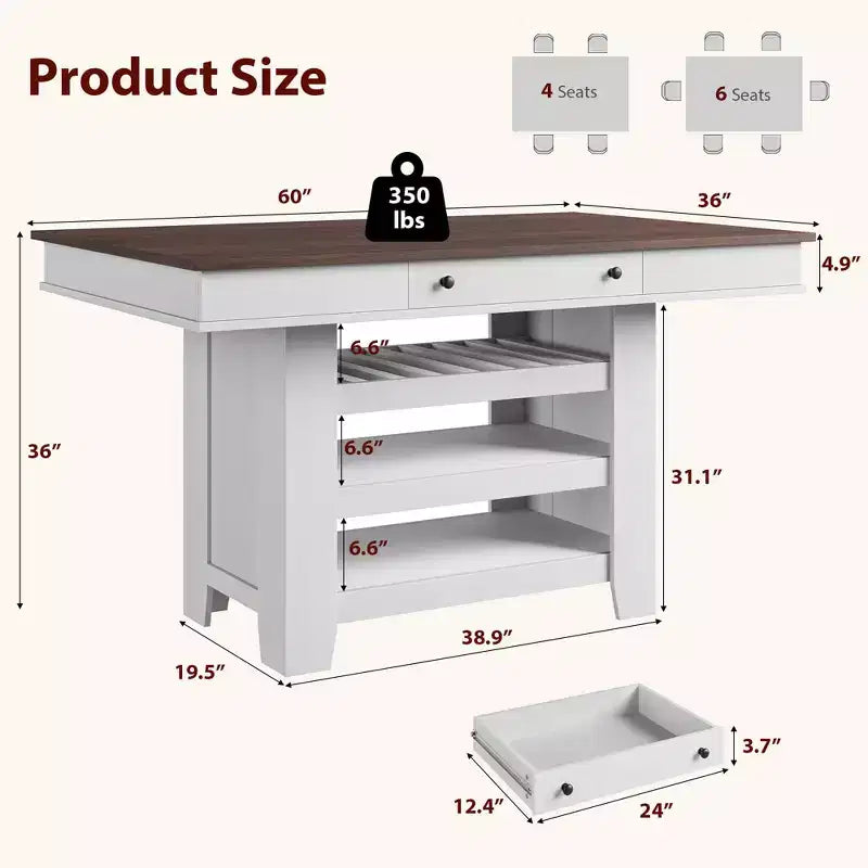 Îlot de cuisine de 60 pouces avec rangement, table îlot fixe de style ferme à 4 niveaux avec grand plan de travail pour la cuisine, la salle à manger, le salon