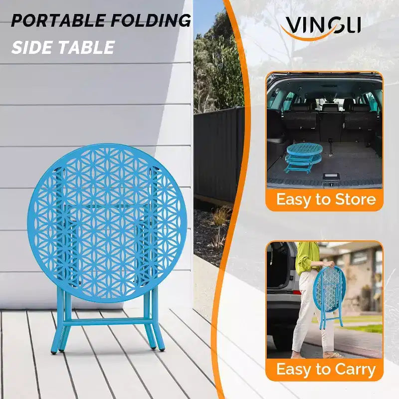 VINGLI Table d'appoint pliante de patio, petite table d'extérieur avec motif floral durable et cadre en métal robuste en forme de X, bleu, 1 paquet