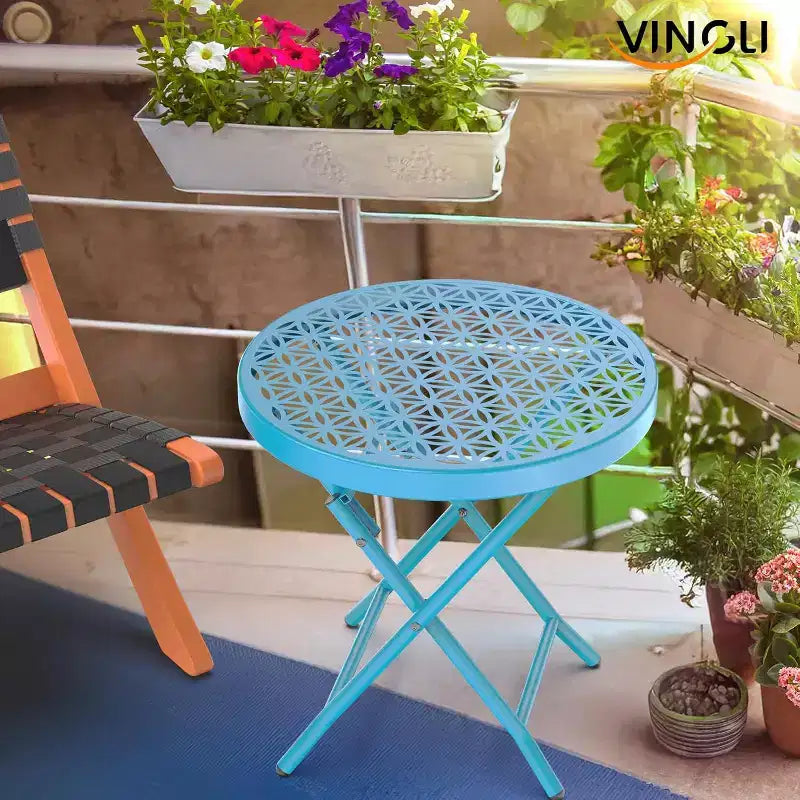 VINGLI Table d'appoint pliante de patio, petite table d'extérieur avec motif floral durable et cadre en métal robuste en forme de X, bleu, 1 paquet