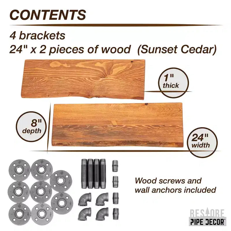 Étagère en bois à bords bruts Pipe Decor 24 Sunset Cedar avec supports de tuyauterie en L (Paquet de 2)
