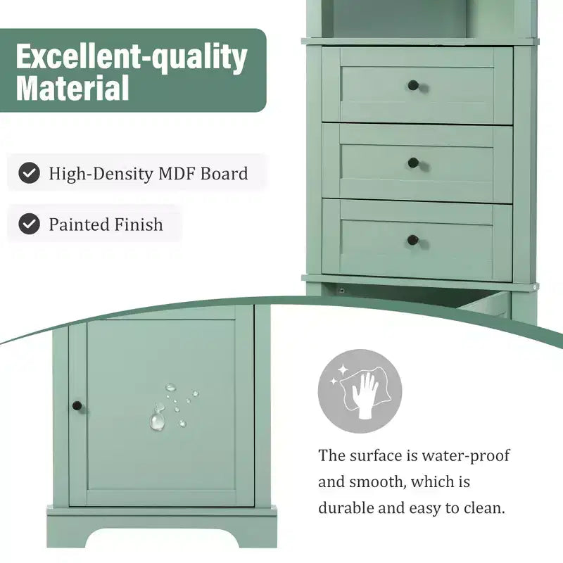 Armoire haute triangulaire noire avec 3 tiroirs et étagères réglables pour salle de bain, cuisine ou salon