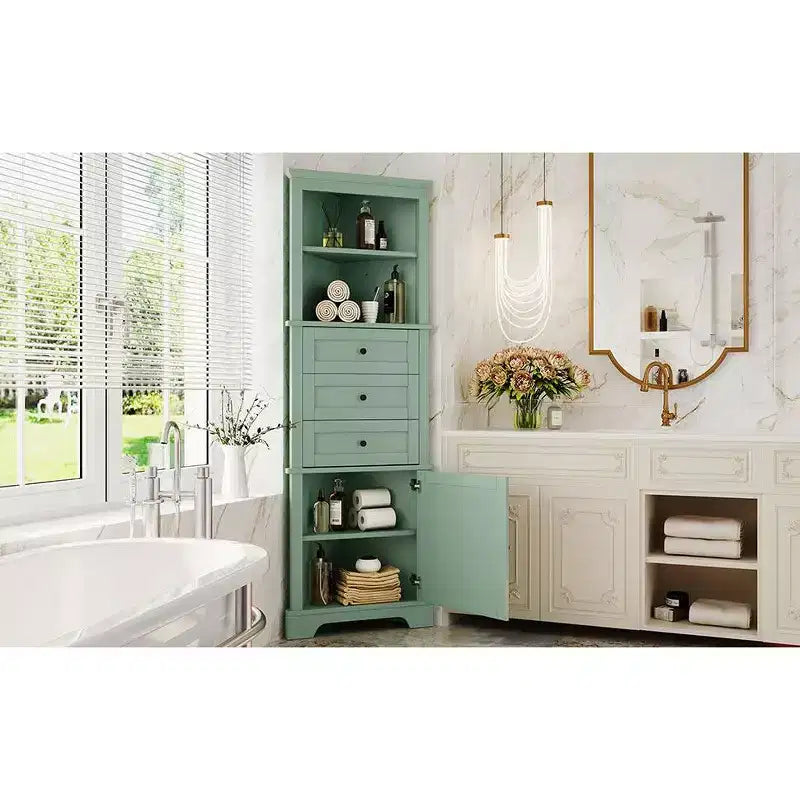 Armoire haute triangulaire noire avec 3 tiroirs et étagères réglables pour salle de bain, cuisine ou salon