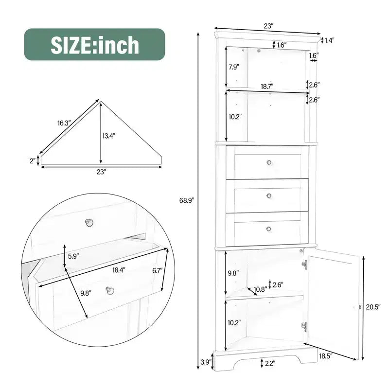 Armoire haute triangulaire noire avec 3 tiroirs et étagères réglables pour salle de bain, cuisine ou salon