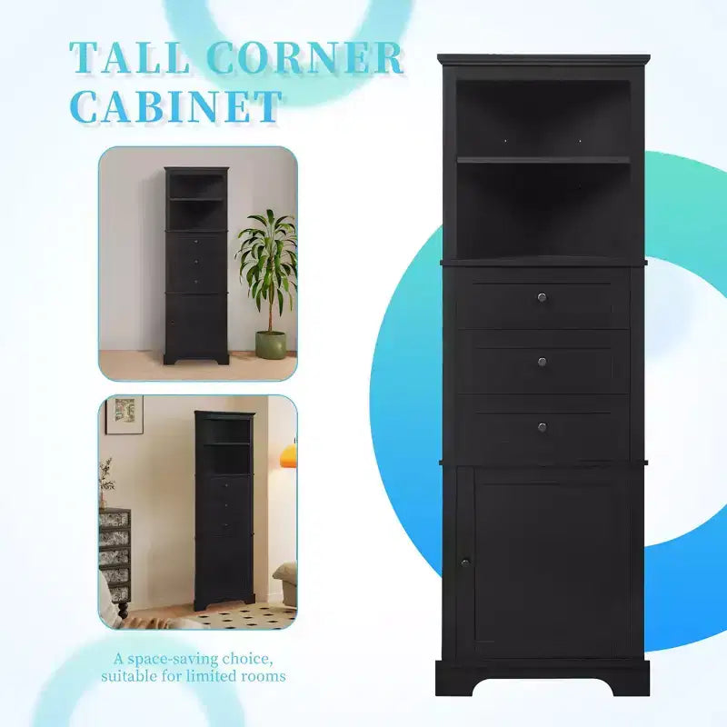 Armoire haute triangulaire noire avec 3 tiroirs et étagères réglables pour salle de bain, cuisine ou salon