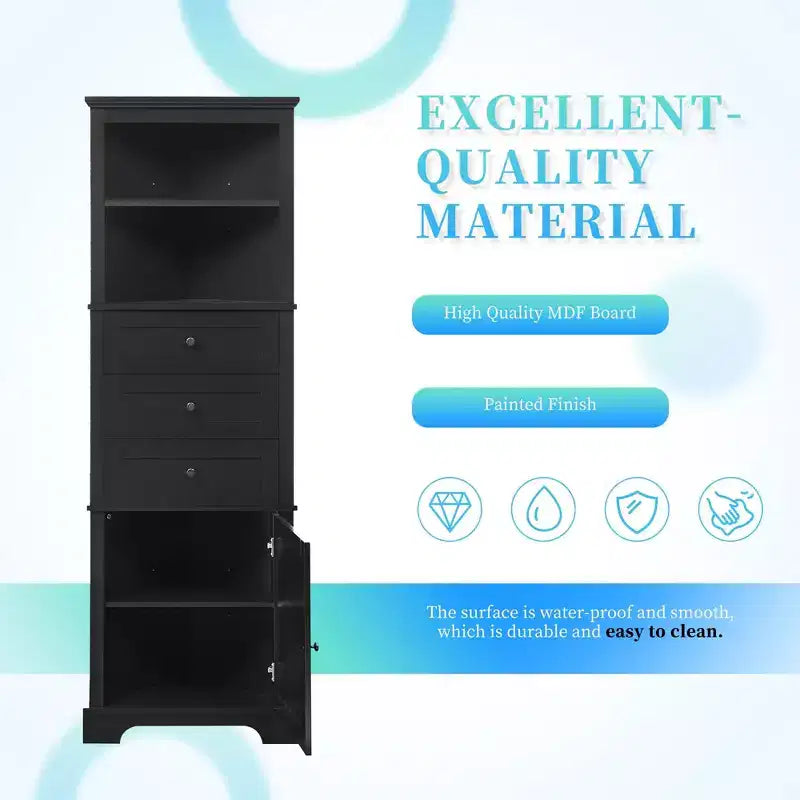 Armoire haute triangulaire noire avec 3 tiroirs et étagères réglables pour salle de bain, cuisine ou salon