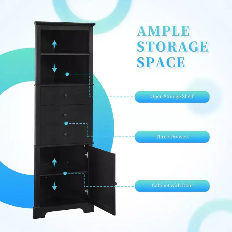 Armoire haute triangulaire noire avec 3 tiroirs et étagères réglables pour salle de bain, cuisine ou salon