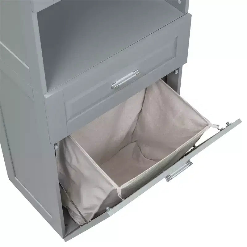 Meuble de salle de bain haut et étroit avec panier à linge, 2 portes et 1 tiroir, pour salle de bain, buanderie ou salon
