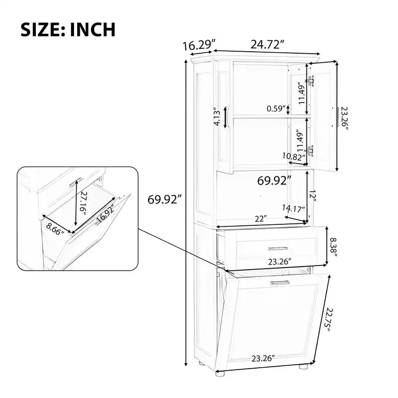 Meuble de salle de bain haut et étroit avec panier à linge, 2 portes et 1 tiroir, pour salle de bain, buanderie ou salon