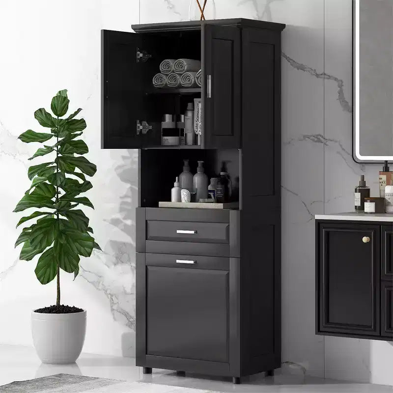 Tall Slim Bathroom Cabinet with Laundry Hamper, 2 Doors & 1 Drawer, for Bathroom, Laundry, or Living Room