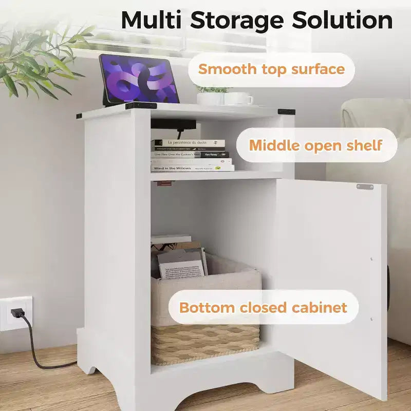 Heynemo Table de chevet haute de ferme avec station de recharge, Table d'appoint blanche avec rangement, Grande table de chevet rustique en bois pour chambre à coucher, bureau à domicile