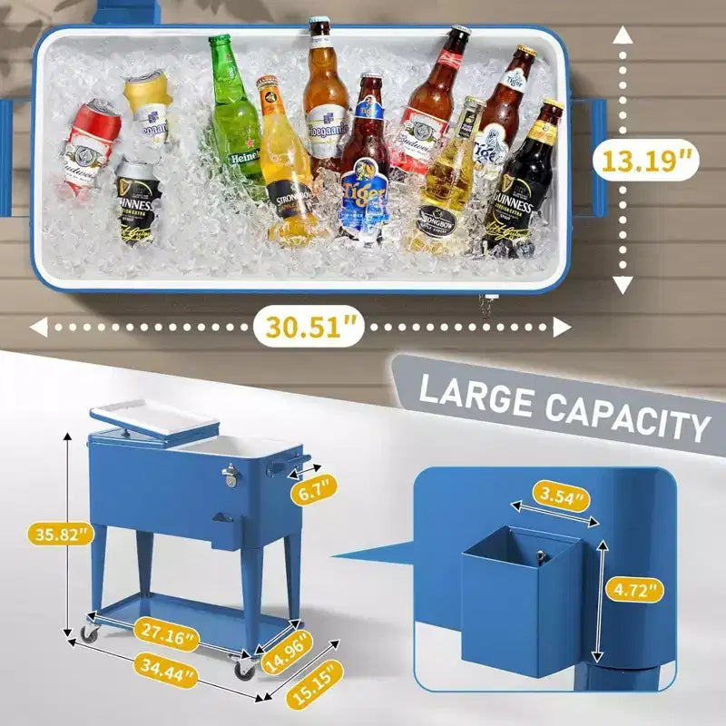 NAYSAYE Glacière à roulettes 80 Litres, Bar Portable avec Collecteur de Gouttes, Plateau de Rangement Inférieur pour Fête sur la Terrasse, Barbecue, Plage, Bleu, 34.3*15.2*35.8