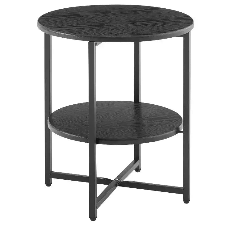 Table d'appoint ronde Okak Farmhouse avec pieds croisés, table d'appoint avec étagère inférieure, table de canapé pour salon, chambre, noir
