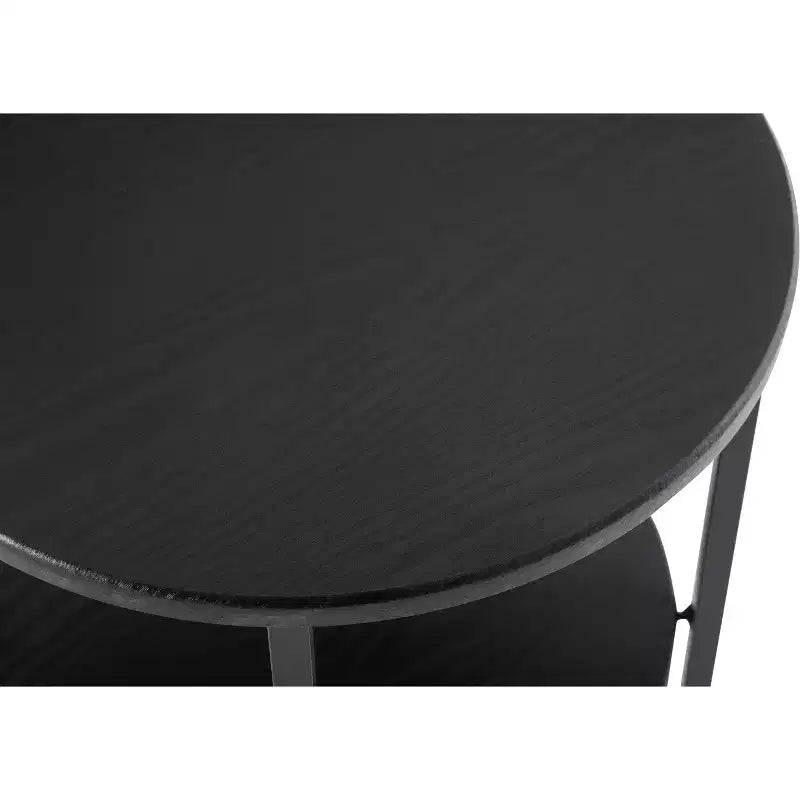 Table d'appoint ronde Okak Farmhouse avec pieds croisés, table d'appoint avec étagère inférieure, table de canapé pour salon, chambre, noir