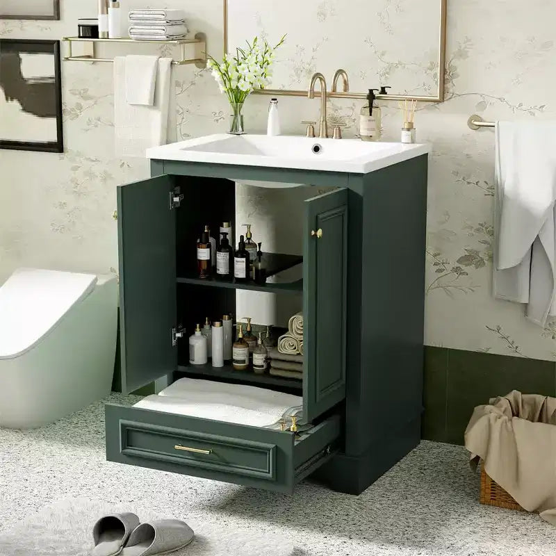 Meuble-lavabo de salle de bain moderne 24 pouces, meuble sous-vasque à lavabo simple avec 2 portes et 1 tiroir, étagères réglables