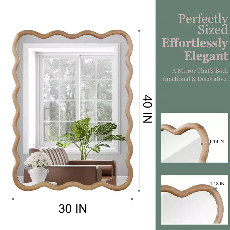 Miroir décoratif mural PexFix 30 x 40 en bois massif rectangulaire ondulé style ferme moderne pour chambre à coucher, salle de bain, salon, entrée, bois naturel