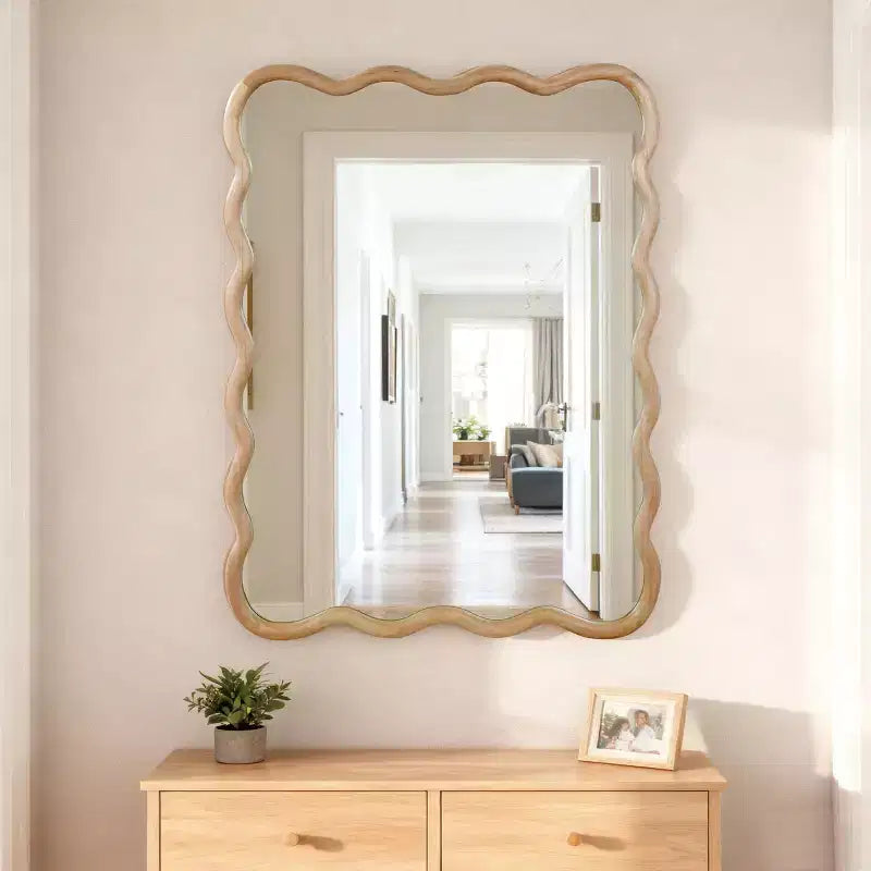Miroir décoratif mural PexFix 30 x 40 en bois massif rectangulaire ondulé style ferme moderne pour chambre à coucher, salle de bain, salon, entrée, bois naturel
