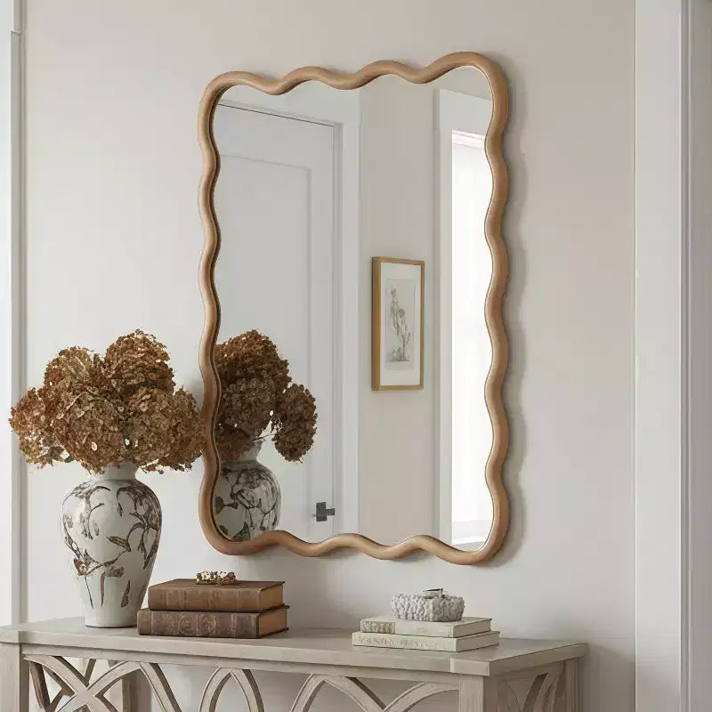 Miroir décoratif mural PexFix 30 x 40 en bois massif rectangulaire ondulé style ferme moderne pour chambre à coucher, salle de bain, salon, entrée, bois naturel