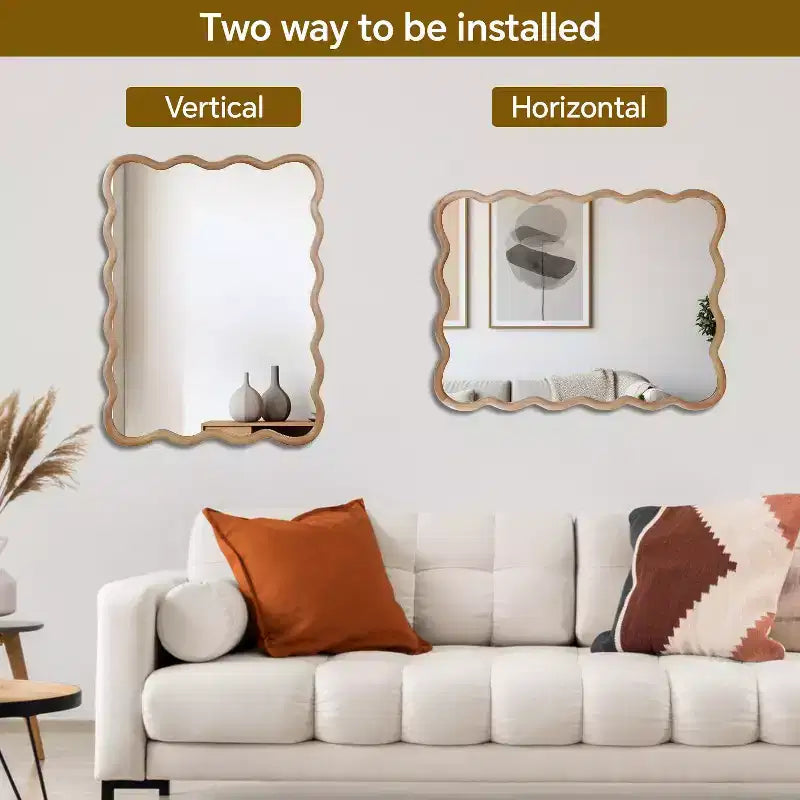 Miroir décoratif mural PexFix 30 x 40 en bois massif rectangulaire ondulé style ferme moderne pour chambre à coucher, salle de bain, salon, entrée, bois naturel