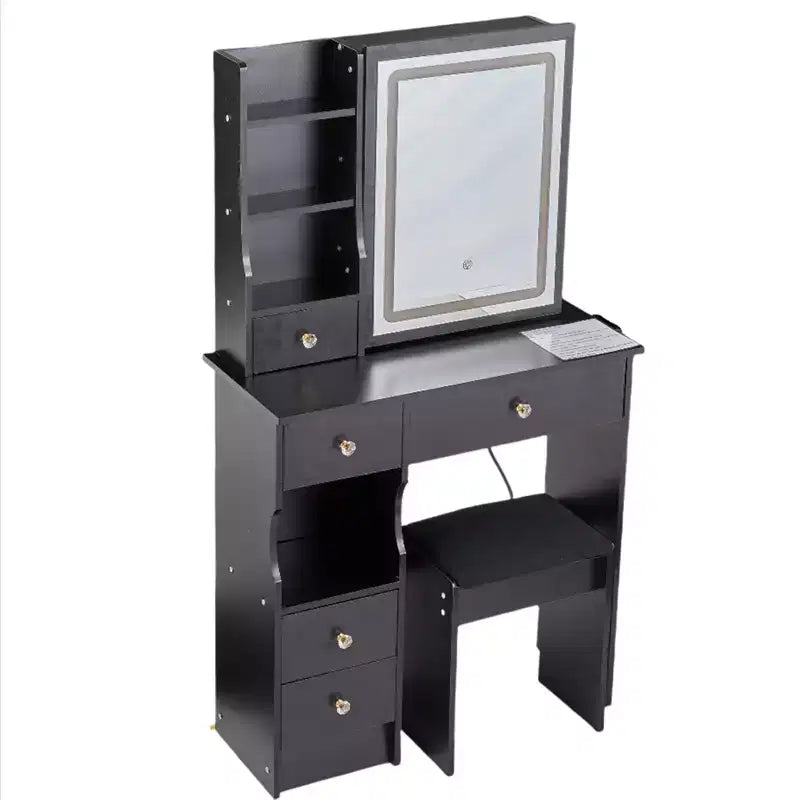 Coiffeuse moderne avec miroir LED coulissant, éclairage à trois modes, tabouret et rangements multi-niveaux pour petits espaces