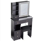 Coiffeuse moderne avec miroir LED coulissant, éclairage à trois modes, tabouret et rangements multi-niveaux pour petits espaces
