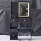 Coiffeuse moderne avec miroir LED coulissant, éclairage à trois modes, tabouret et rangements multi-niveaux pour petits espaces