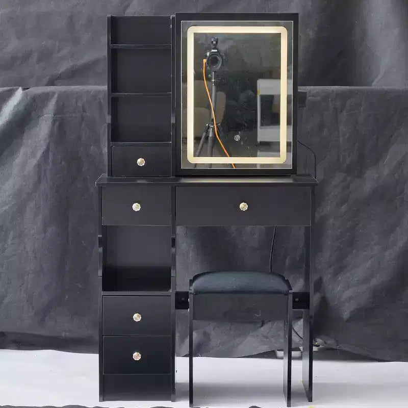 Coiffeuse moderne avec miroir LED coulissant, éclairage à trois modes, tabouret et rangements multi-niveaux pour petits espaces