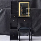 Coiffeuse moderne avec miroir LED coulissant, éclairage à trois modes, tabouret et rangements multi-niveaux pour petits espaces