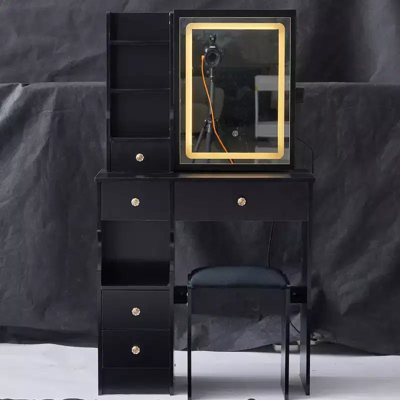 Coiffeuse moderne avec miroir LED coulissant, éclairage à trois modes, tabouret et rangements multi-niveaux pour petits espaces