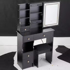 Coiffeuse moderne avec miroir LED coulissant, éclairage à trois modes, tabouret et rangements multi-niveaux pour petits espaces