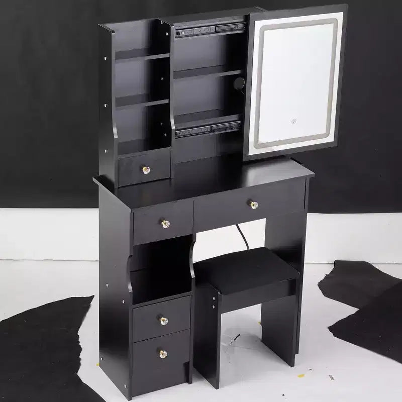 Coiffeuse moderne avec miroir LED coulissant, éclairage à trois modes, tabouret et rangements multi-niveaux pour petits espaces