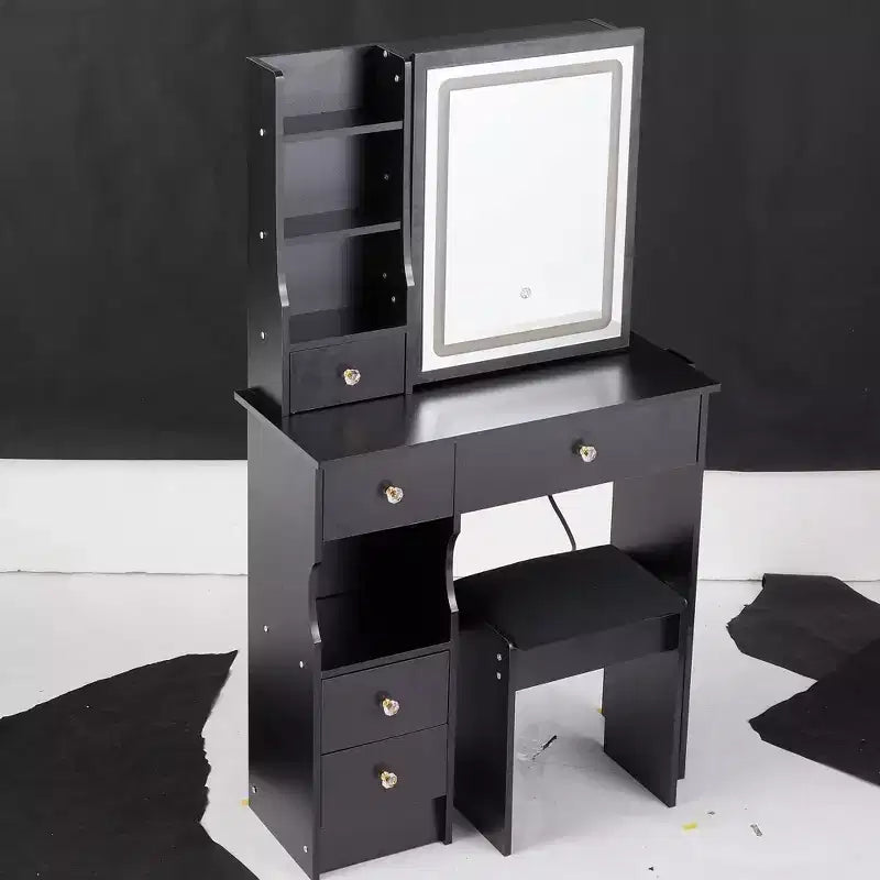 Coiffeuse moderne avec miroir LED coulissant, éclairage à trois modes, tabouret et rangements multi-niveaux pour petits espaces