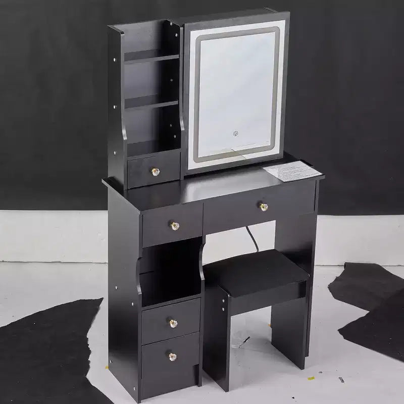 Coiffeuse moderne avec miroir LED coulissant, éclairage à trois modes, tabouret et rangements multi-niveaux pour petits espaces