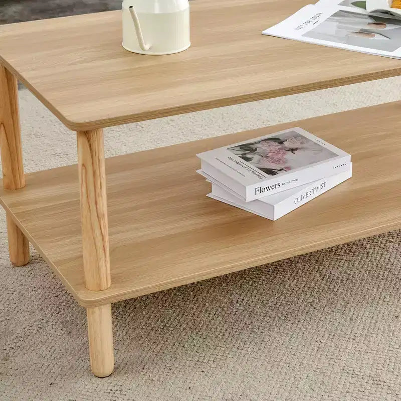 Table basse rectangulaire moderne à 2 niveaux avec étagère de rangement ouverte et pieds ronds en bois massif, table de canapé pour salon, bureau ou hall d'accueil