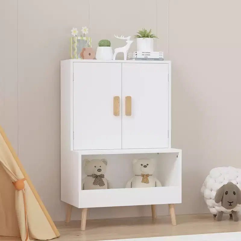 Meuble de rangement pour jouets Whisen Kids avec portes et étagère ouverte, organisateur moderne avec pieds en bois naturel - Blanc
