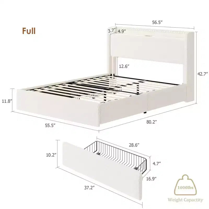 Cadre de lit plateforme, 4 tiroirs de rangement et tête de lit, support à lattes en bois, pas besoin de sommier tapissier, montage facile, silencieux