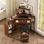 Coiffeuse d'angle avec rangements, tabouret rembourré et station de charge, meuble latéral coulissant amovible, plateau en verre avec tiroir et étagère
