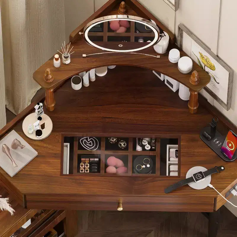 Coiffeuse d'angle avec rangements, tabouret rembourré et station de charge, meuble latéral coulissant amovible, plateau en verre avec tiroir et étagère