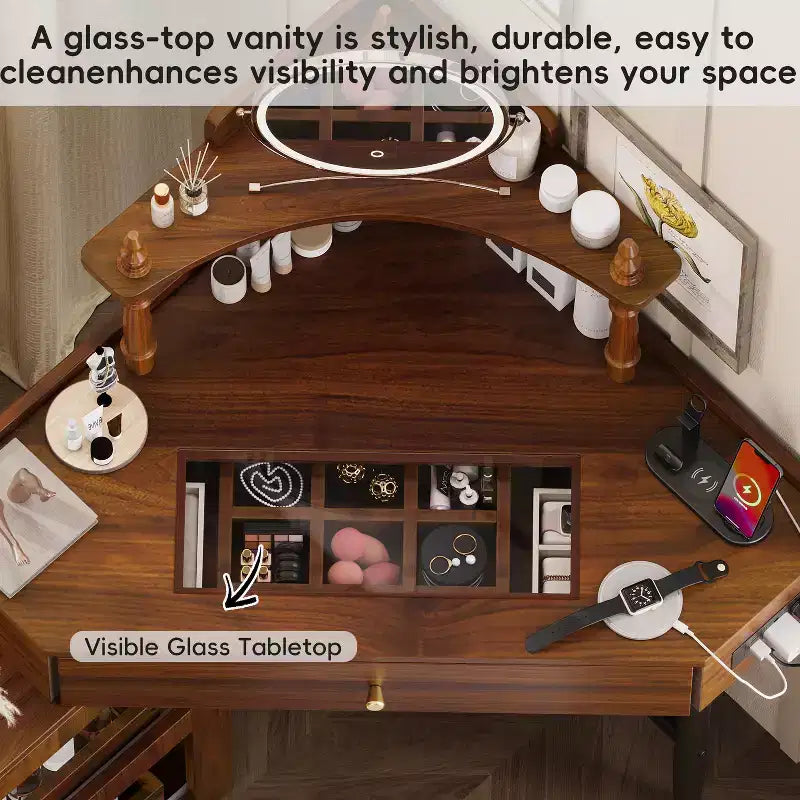 Coiffeuse d'angle avec rangements, tabouret rembourré et station de charge, meuble latéral coulissant amovible, plateau en verre avec tiroir et étagère