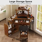 Coiffeuse d'angle avec rangements, tabouret rembourré et station de charge, meuble latéral coulissant amovible, plateau en verre avec tiroir et étagère