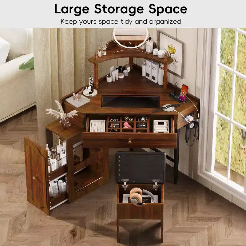 Coiffeuse d'angle avec rangements, tabouret rembourré et station de charge, meuble latéral coulissant amovible, plateau en verre avec tiroir et étagère