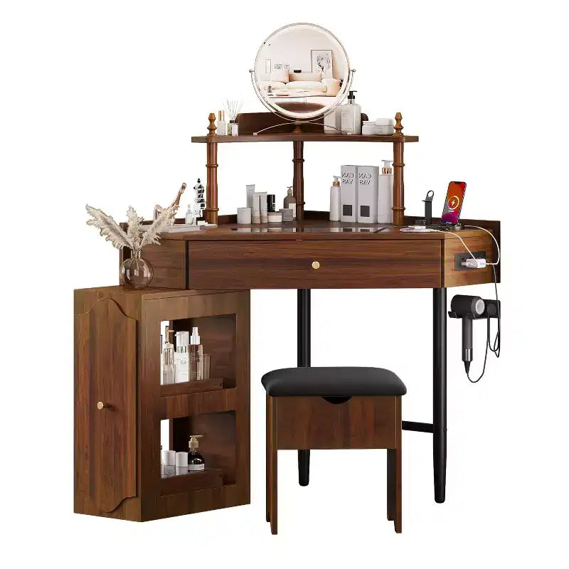 Coiffeuse d'angle avec rangements, tabouret rembourré et station de charge, meuble latéral coulissant amovible, plateau en verre avec tiroir et étagère