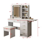 GDFStudio Raya Coiffeuse Moderne 109,9 cm avec Miroir Illuminé, 1 Chaise, 5 Tiroirs et Étagères Ouvertes