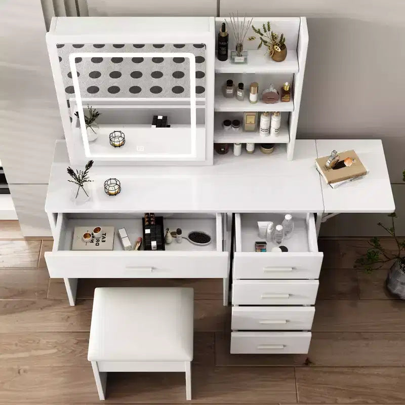 GDFStudio Raya Coiffeuse Moderne 109,9 cm avec Miroir Illuminé, 1 Chaise, 5 Tiroirs et Étagères Ouvertes