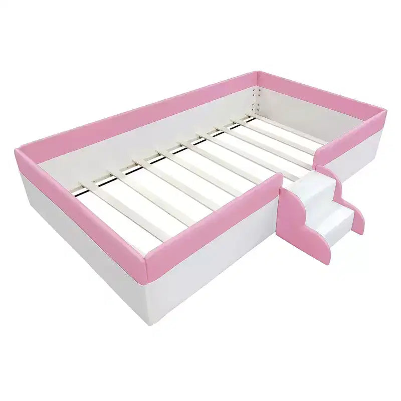 Cadre de lit de repos rembourré simple/double avec clôture et escalier, lit de sol Montessori pour enfants avec support à lattes robuste, rose et blanc