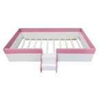 Cadre de lit de repos rembourré simple/double avec clôture et escalier, lit de sol Montessori pour enfants avec support à lattes robuste, rose et blanc