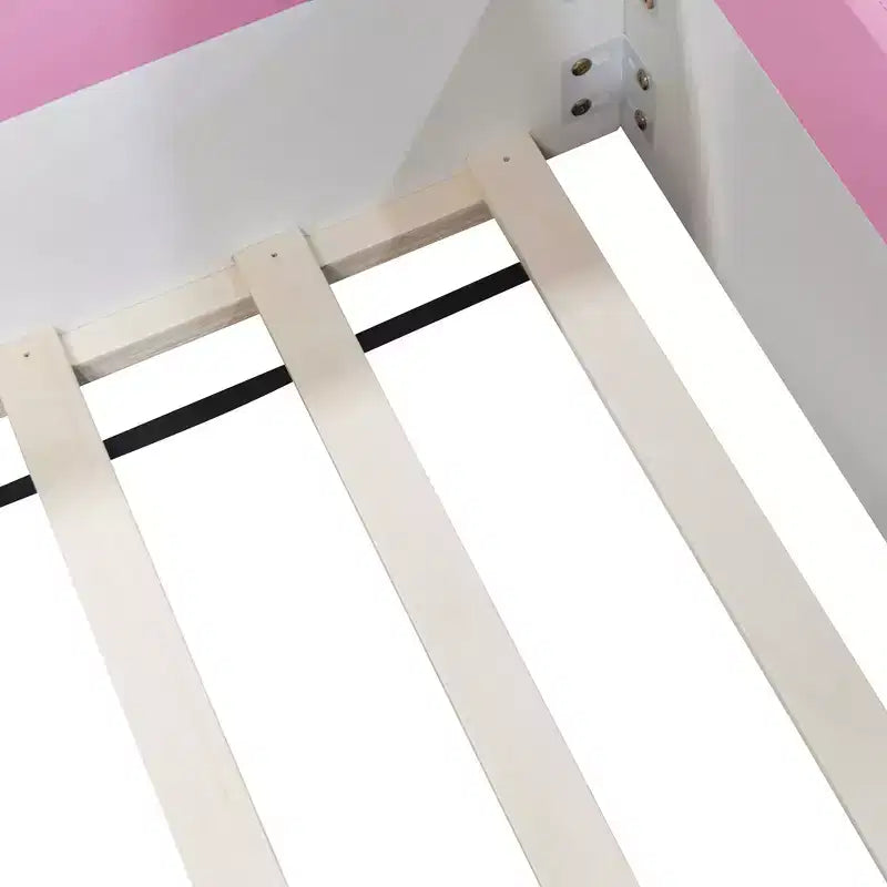 Cadre de lit de repos rembourré simple/double avec clôture et escalier, lit de sol Montessori pour enfants avec support à lattes robuste, rose et blanc