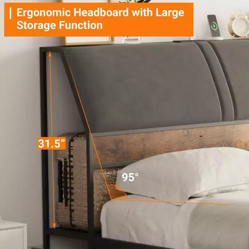Cadre de lit plateforme avec tête de lit capitonnée, station de recharge, cadre en métal durable, silencieux, pas besoin de sommier, facile à assembler