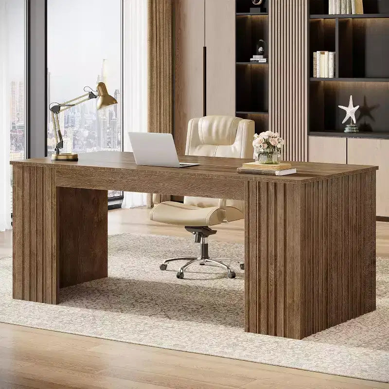 Lantine Modern Executive Desk, 63-Inch Large Office Computer Desk, Study Writing Table Workstation Business Furniture for Home Office, Brown