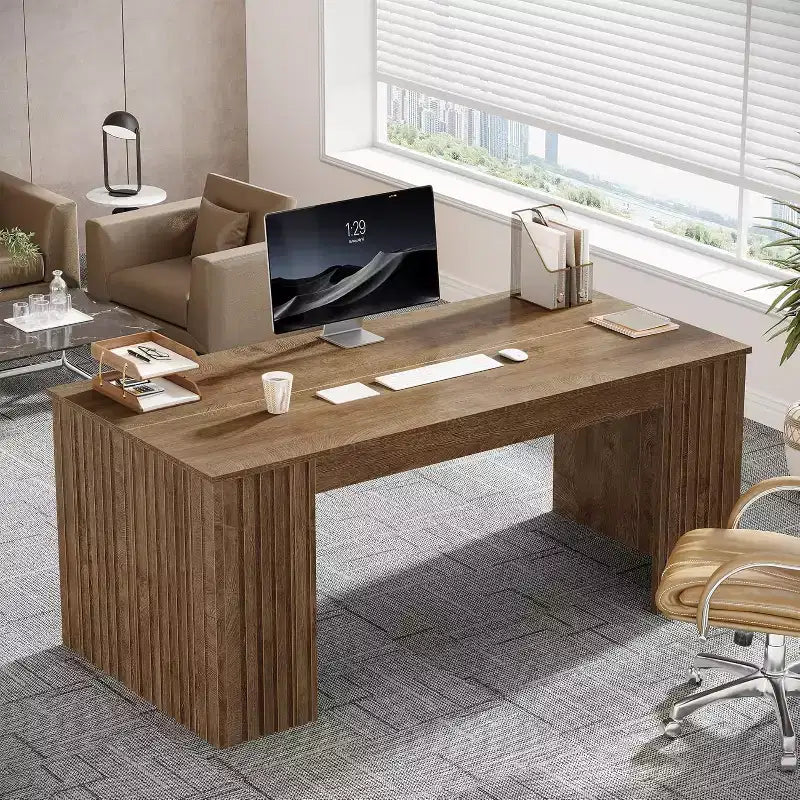 Bureau de direction moderne Lantine, grand bureau d'ordinateur de 160 cm, table d'étude/d'écriture, poste de travail, mobilier professionnel pour bureau à domicile, marron